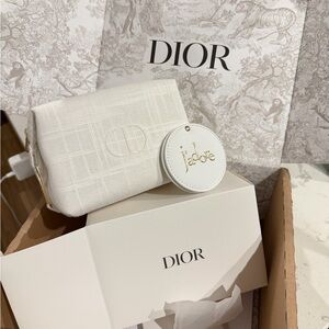Dior White Textured Canvas Cosmetic Pouch with Gold J'adore miror